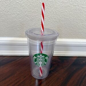 Starbucks‎ Clear Acrylic Cold Cup Tumbler Red Stripe 16oz Reusable Christmas